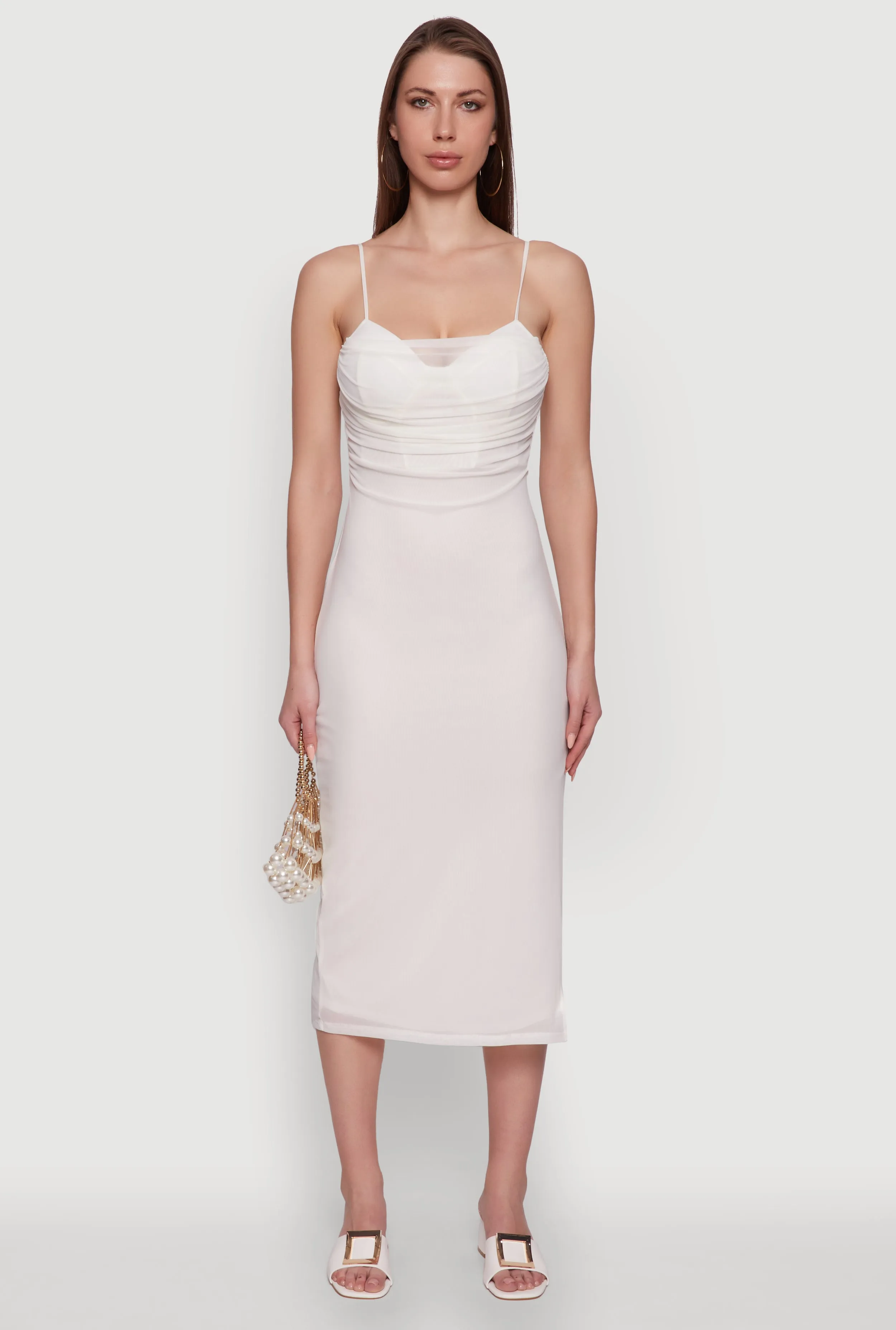 Haute Monde Mesh Overlay Side Slit Bustier Dress Drizzle Sky