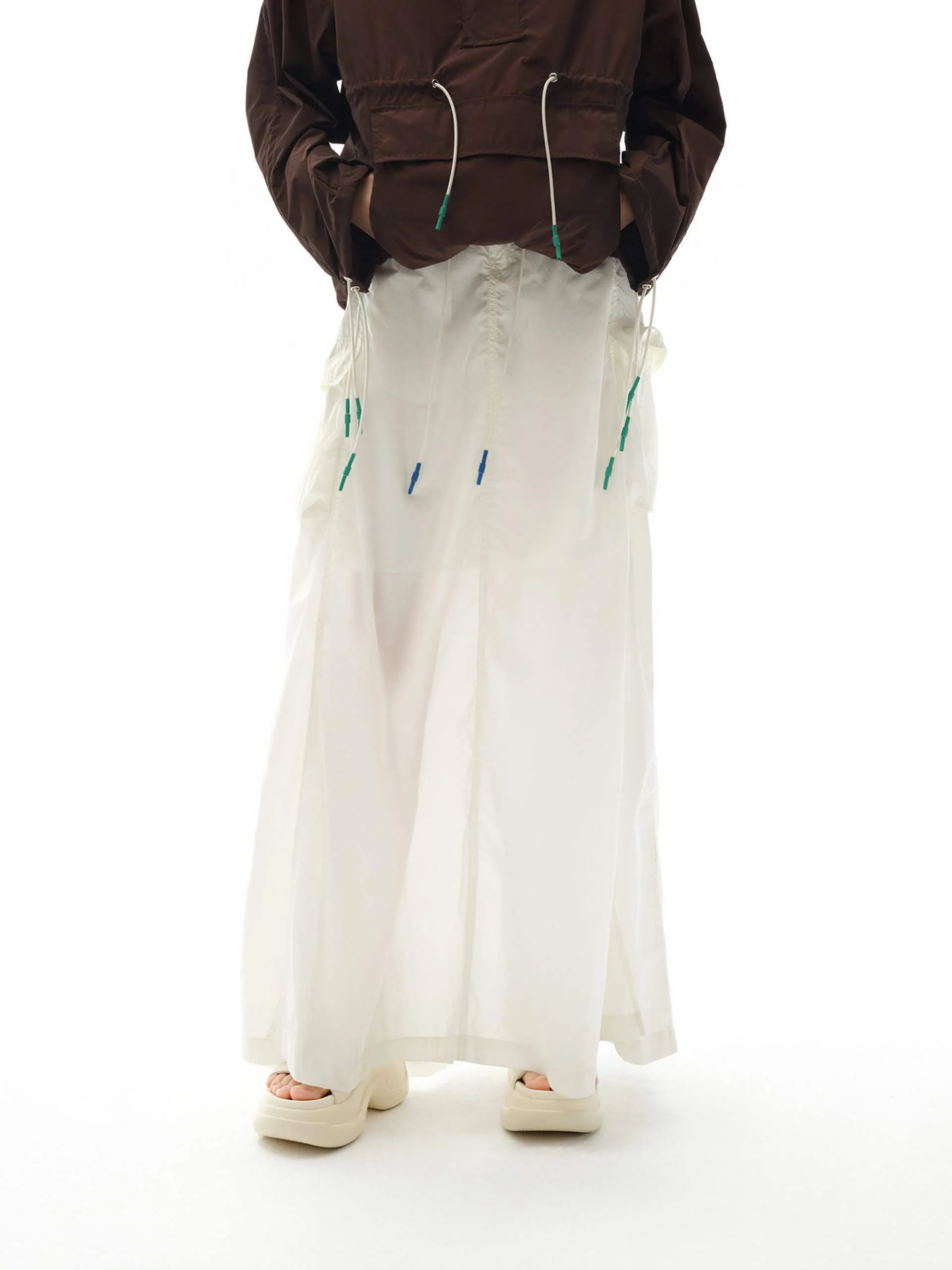 Side Pockets Cool Tone Drawstring Waist Maxi Skirt