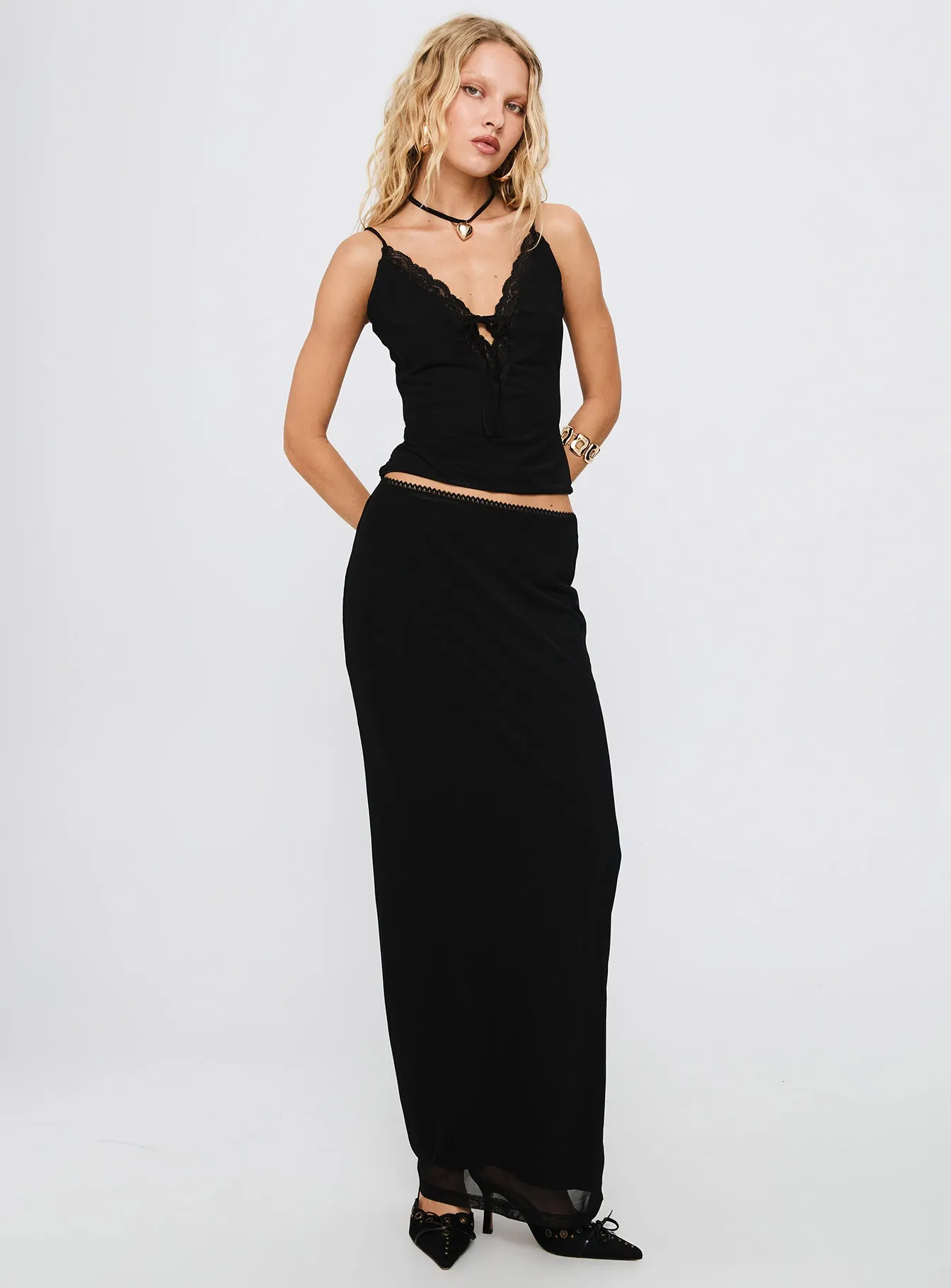Reiko Lace Trim Tie Front Maxi Set Black Layered Look