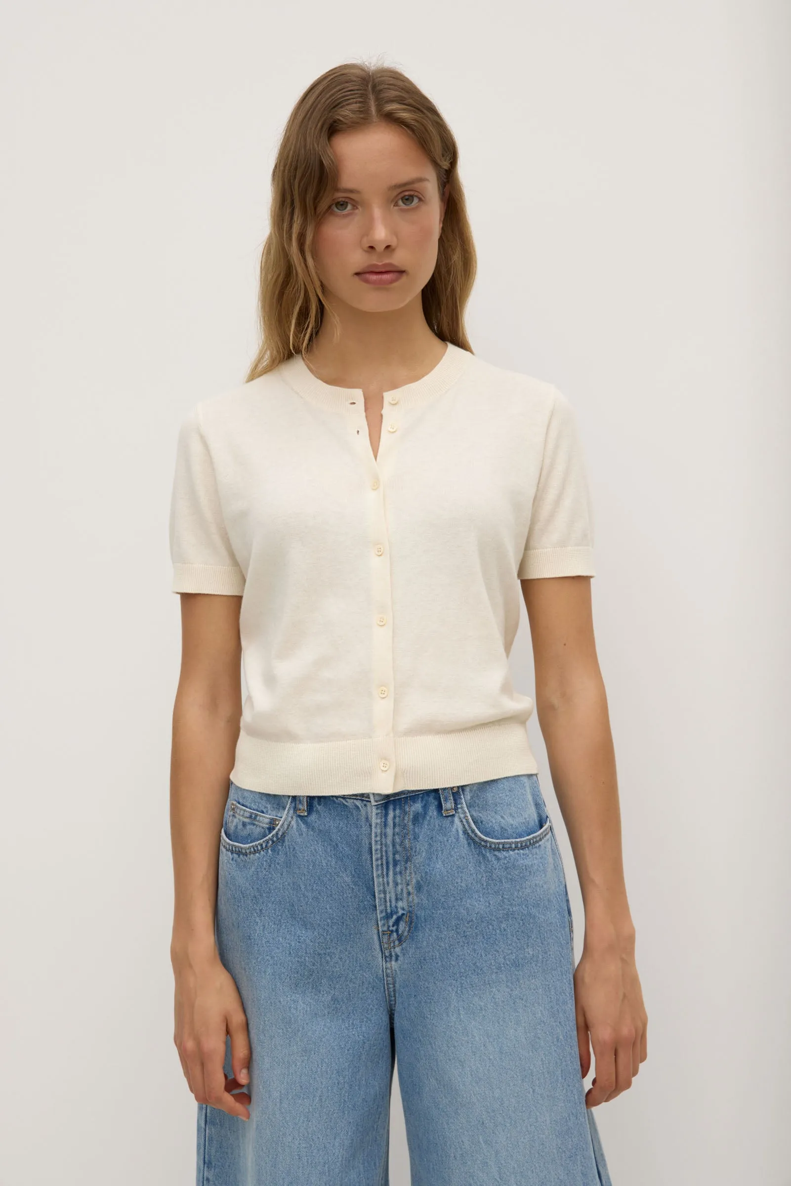 NonRestrictive Cut TearResistant Material Semra Cotton Cashmere Short Sleeve Cardigan