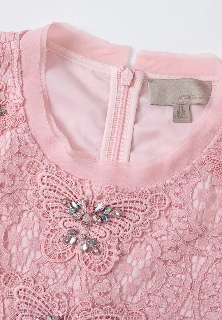 Push Edge FadeResistantDye Pop-up Effect Crystal-embellished Hollow-carved Lace Dress