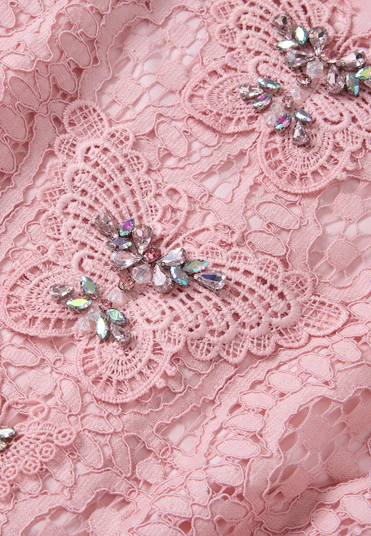 Pop-up Effect Crystal-embellished Hollow-carved Lace Dress Lightweight Composite LowProfile Fasteners