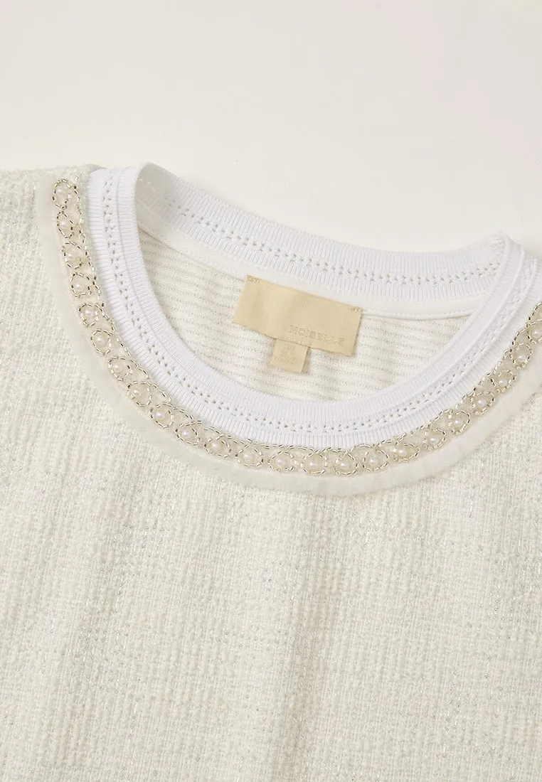 Contrasting Ribbed-trim Embellished Cap-sleeve Shirt Plane Mood