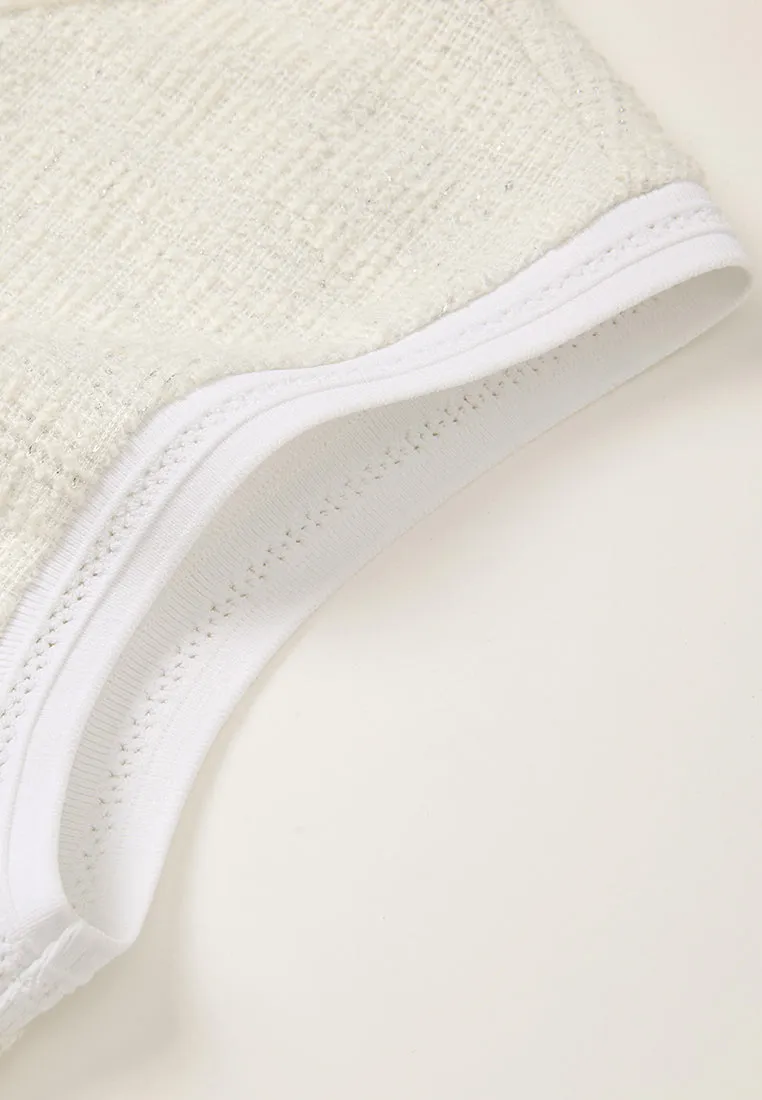 Contrasting Ribbed-trim Embellished Cap-sleeve Shirt Road Look