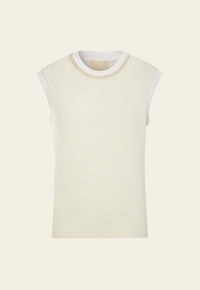 Contrasting Ribbed-trim Embellished Cap-sleeve Shirt Grace Ease
