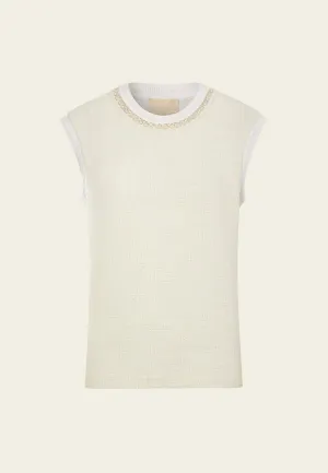 Contrasting Ribbed-trim Embellished Cap-sleeve Shirt Grace Ease