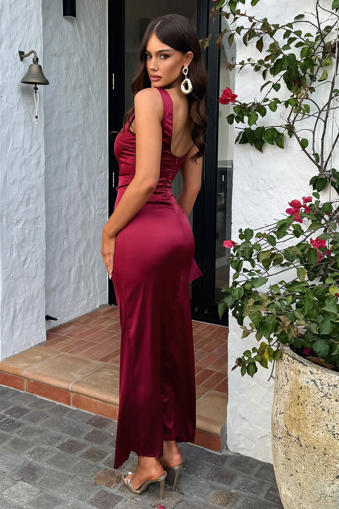 Kensington High Neck Satin Maxi Dress - Burgundy Floral Mood