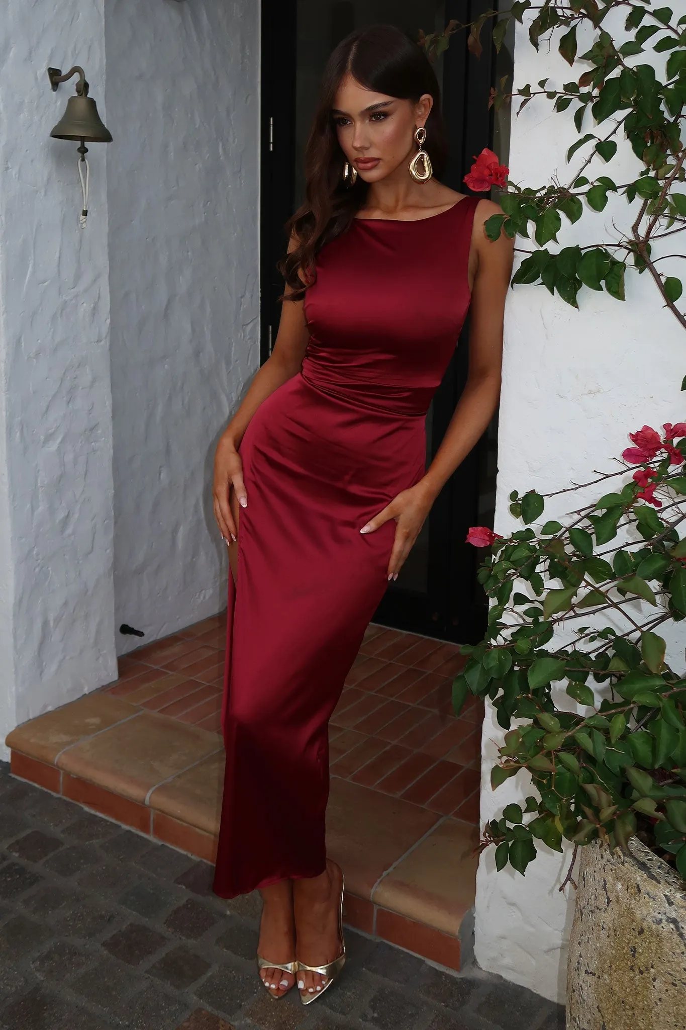 Kensington High Neck Satin Maxi Dress - Burgundy Golden Hour