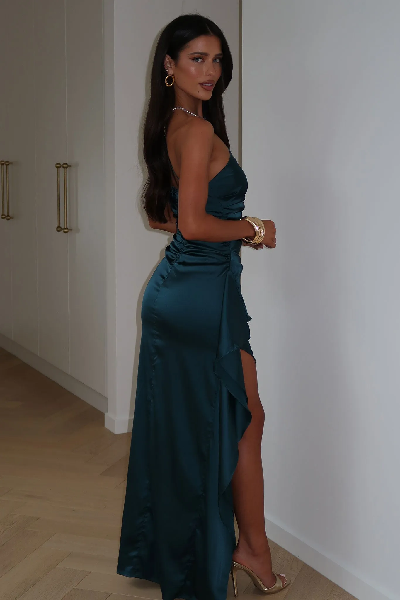 Coral Shine The simple yet refined design of this dress makes it easy to pair with different accessories Elianna One Shoulder Satin Maxi Dress - Teal