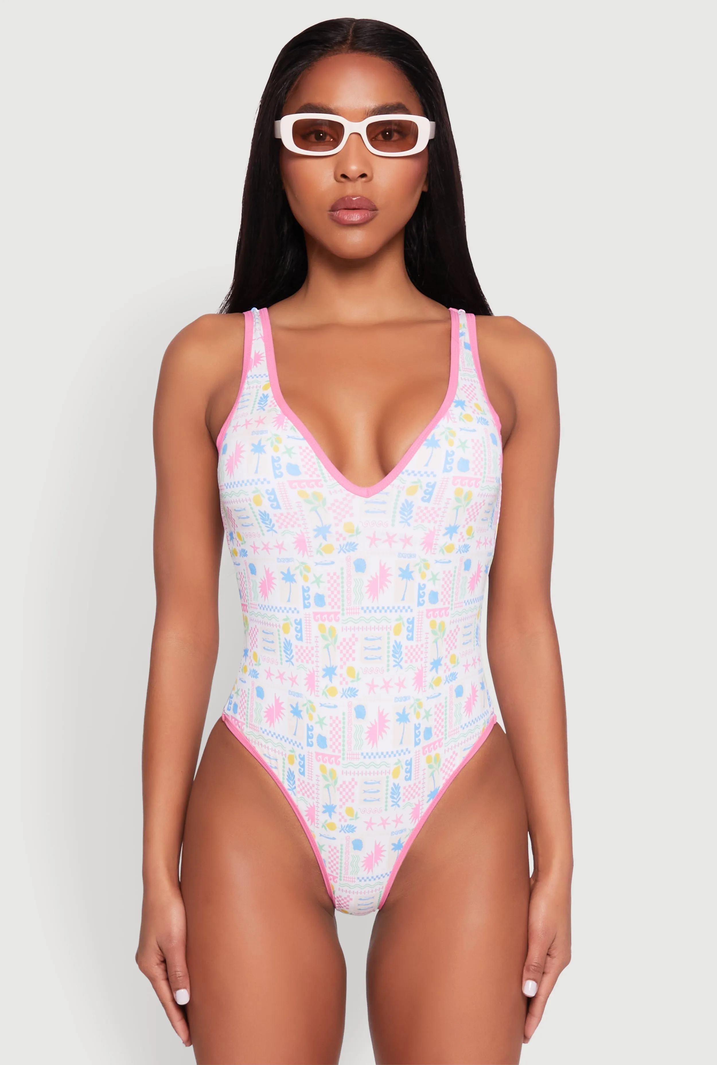 Torsion Control Support Band Tropical Geometric Patterned One Piece Swimsuit