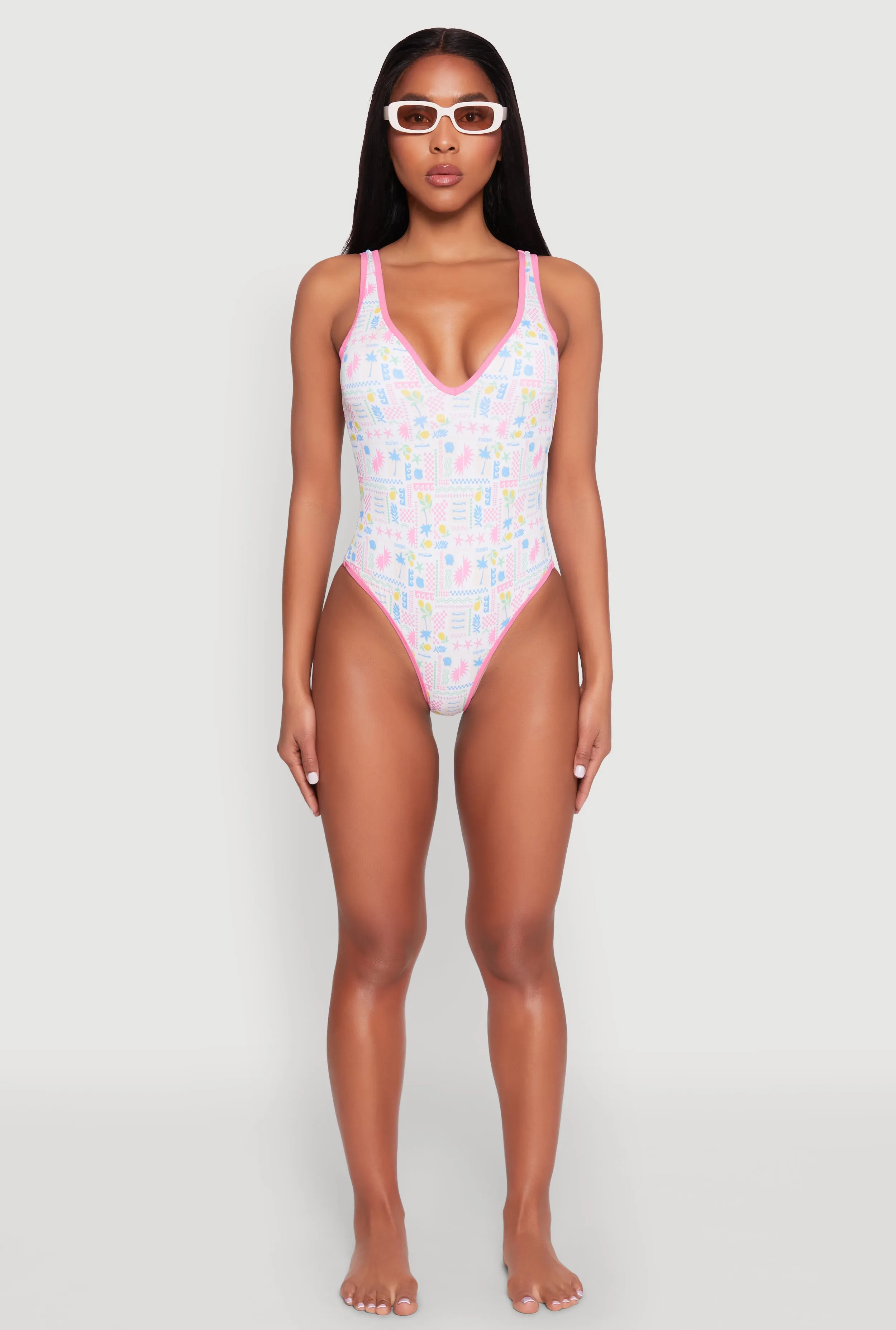 Tropical Geometric Patterned One Piece Swimsuit Four Way Stretch Material Smooth Edge Binding
