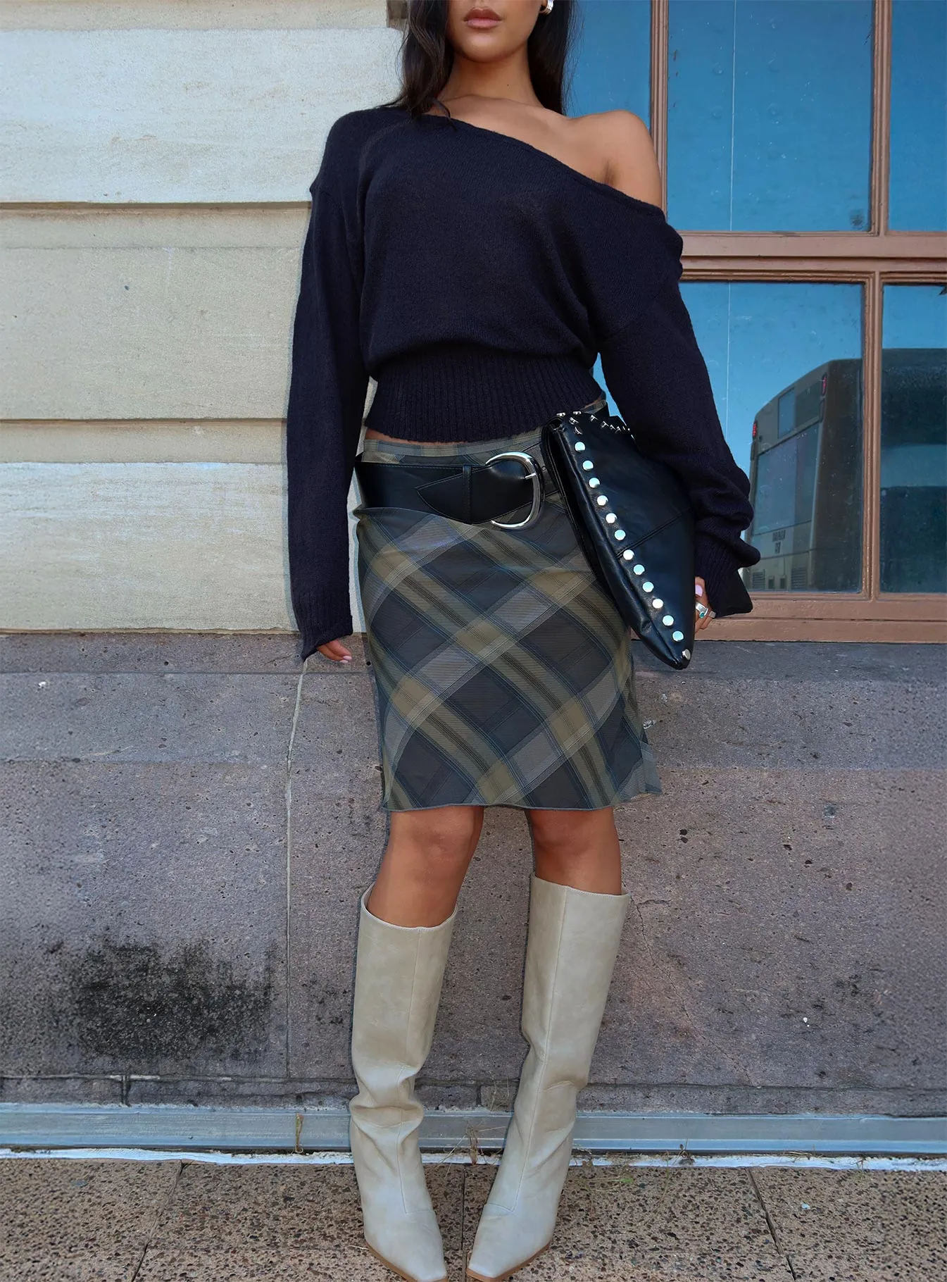 Shoreline Midi Skirt Blue Check Everyday Vibe Asymmetrical Cut