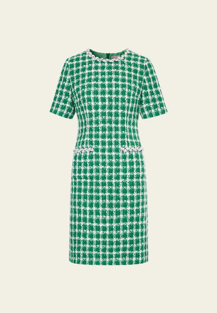 Quiet Charm Thermal Insulation Emerald Green Check Tweed Dress