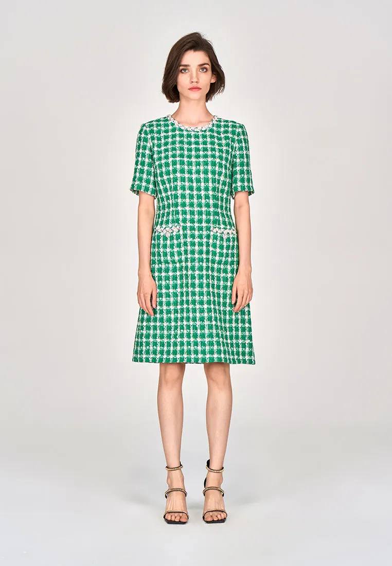 Reinforced Stitching Emerald Green Check Tweed Dress