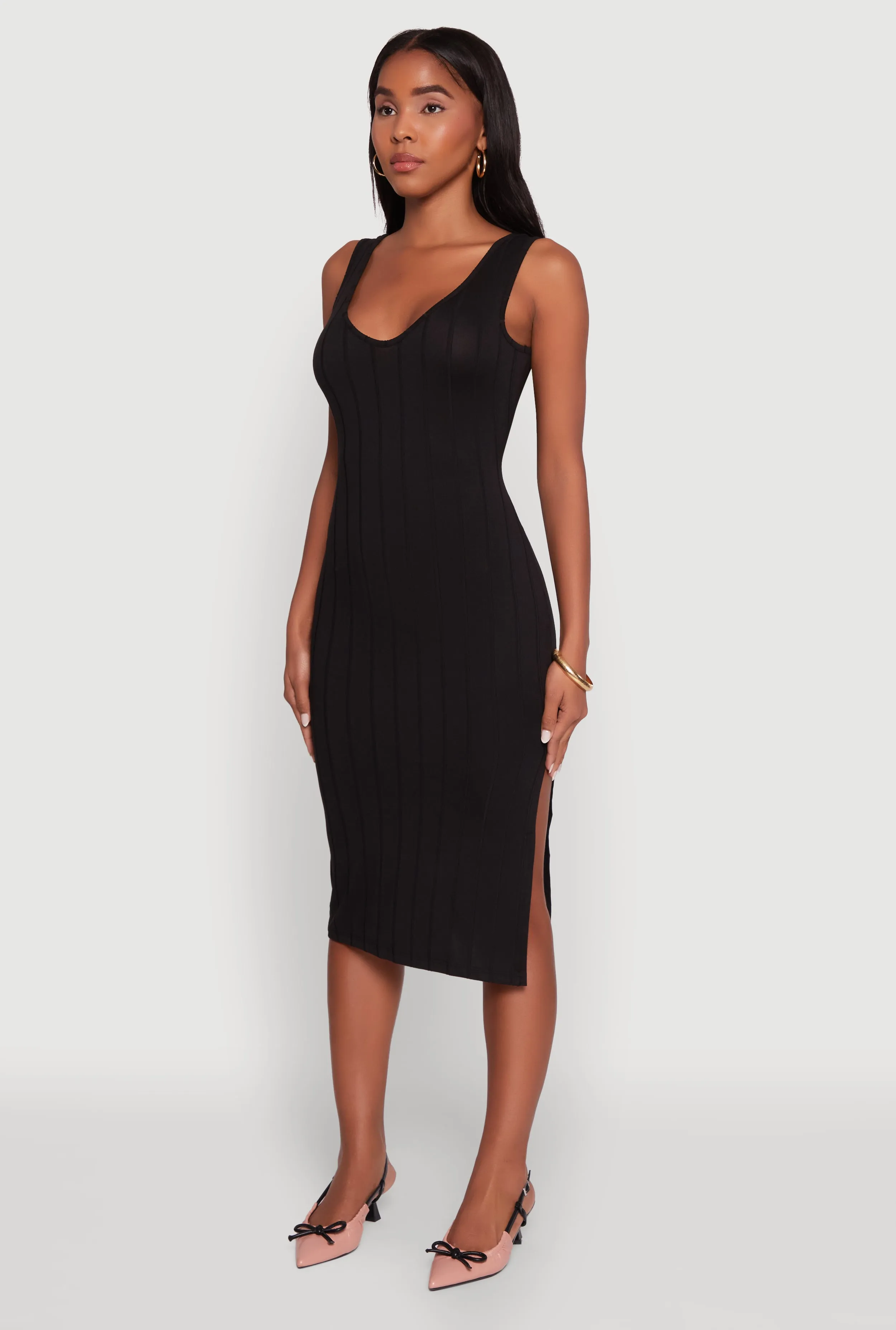 Leaf Fall Trendy Rib Knit V-Neck Side Slit Tank Dress