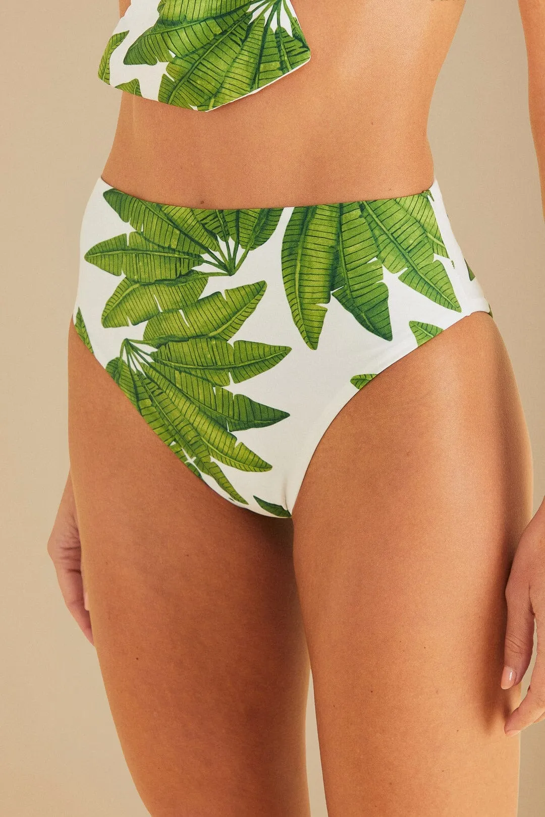 Antibacterial Treatment Smooth Edge Binding Off-White Palm Fan High Waist Bikini Bottom