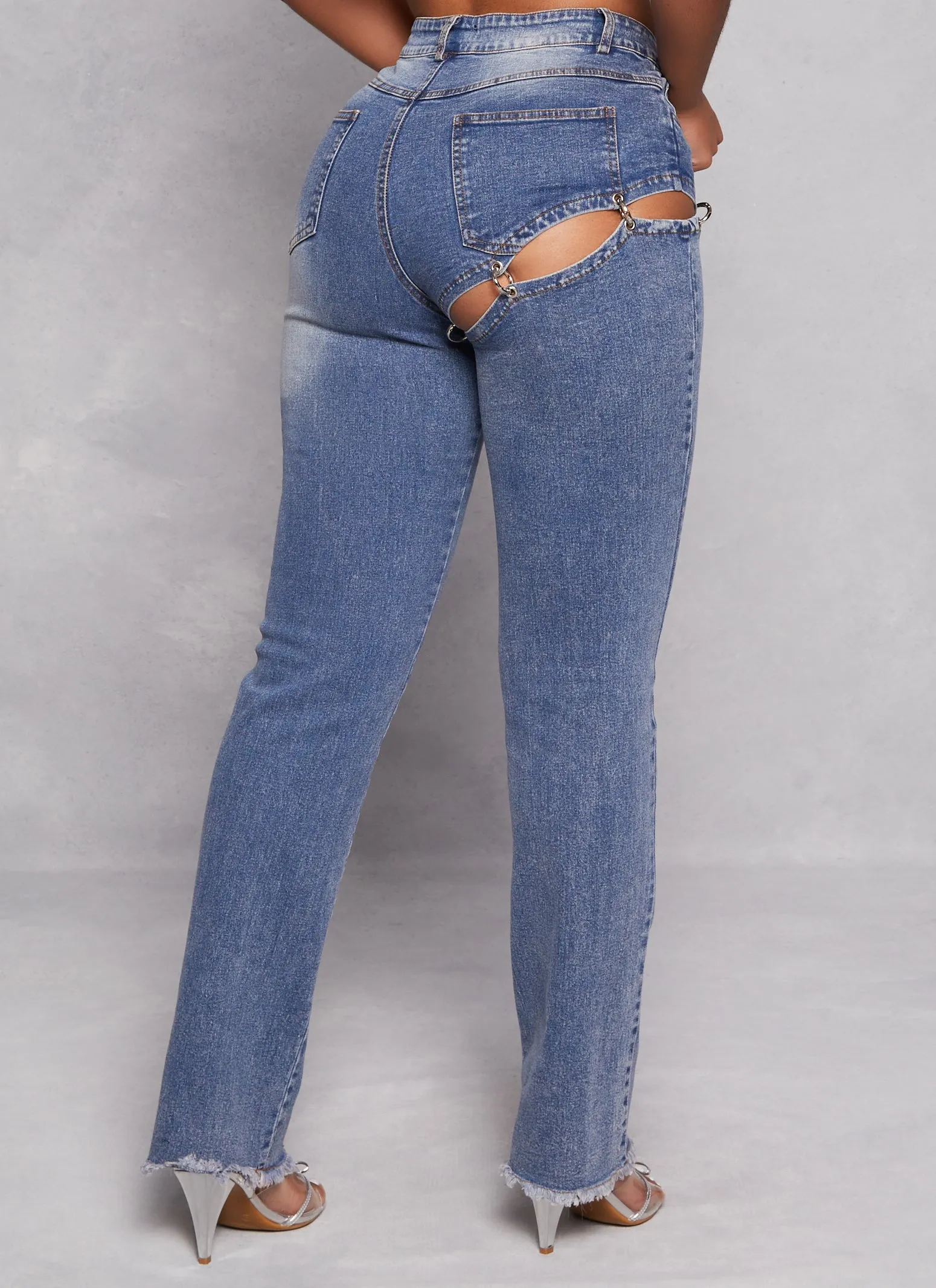 Loose Outdoor Adventure Work Meeting Cut Out Ring Detail Straight Leg Jeans