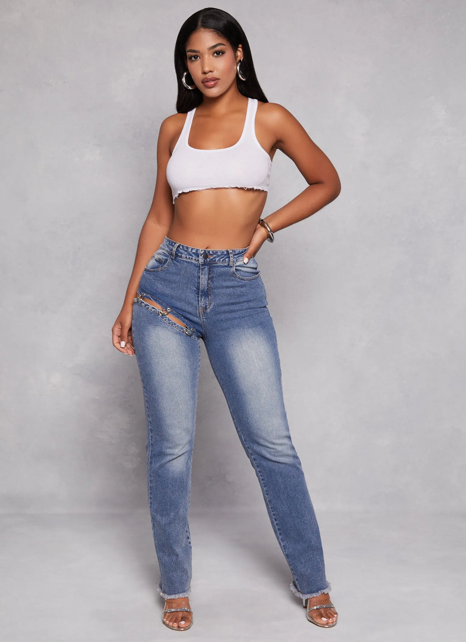 Cut Out Ring Detail Straight Leg Jeans Breathable Work Meeting Relaxed Style All Day Wear