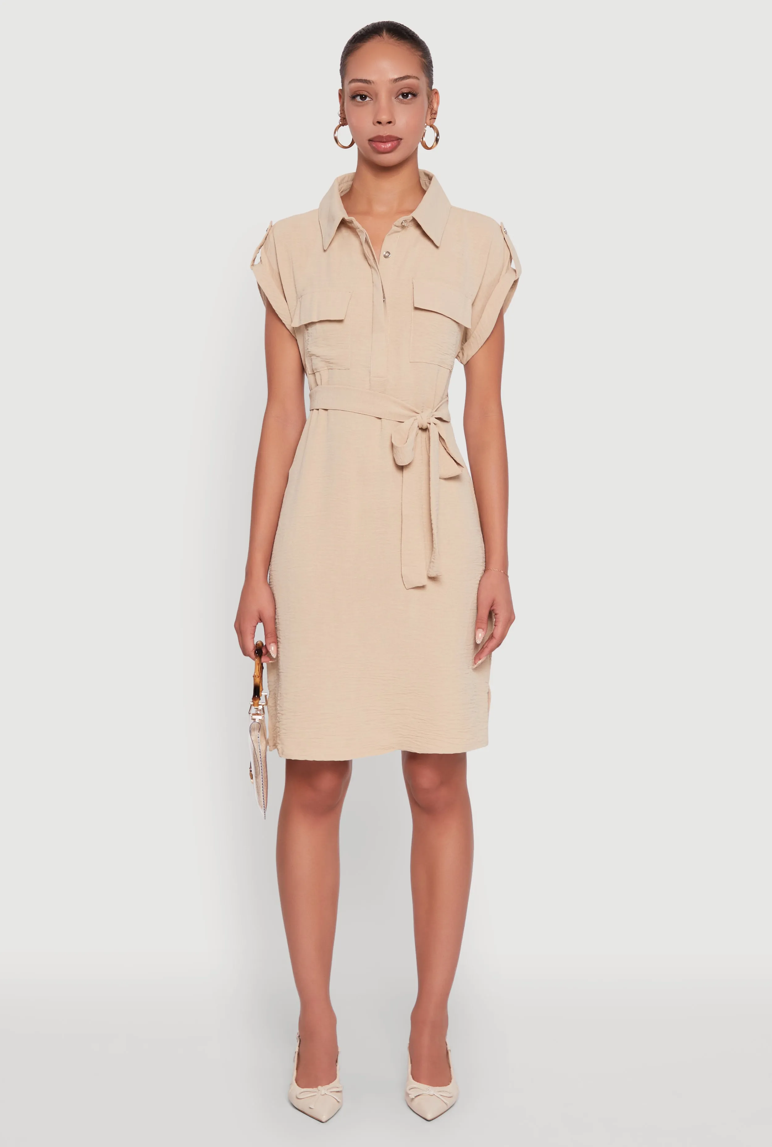 Airy Tabbed Sleeve Shirt Dress with Tie Waist Belt Trendy Style