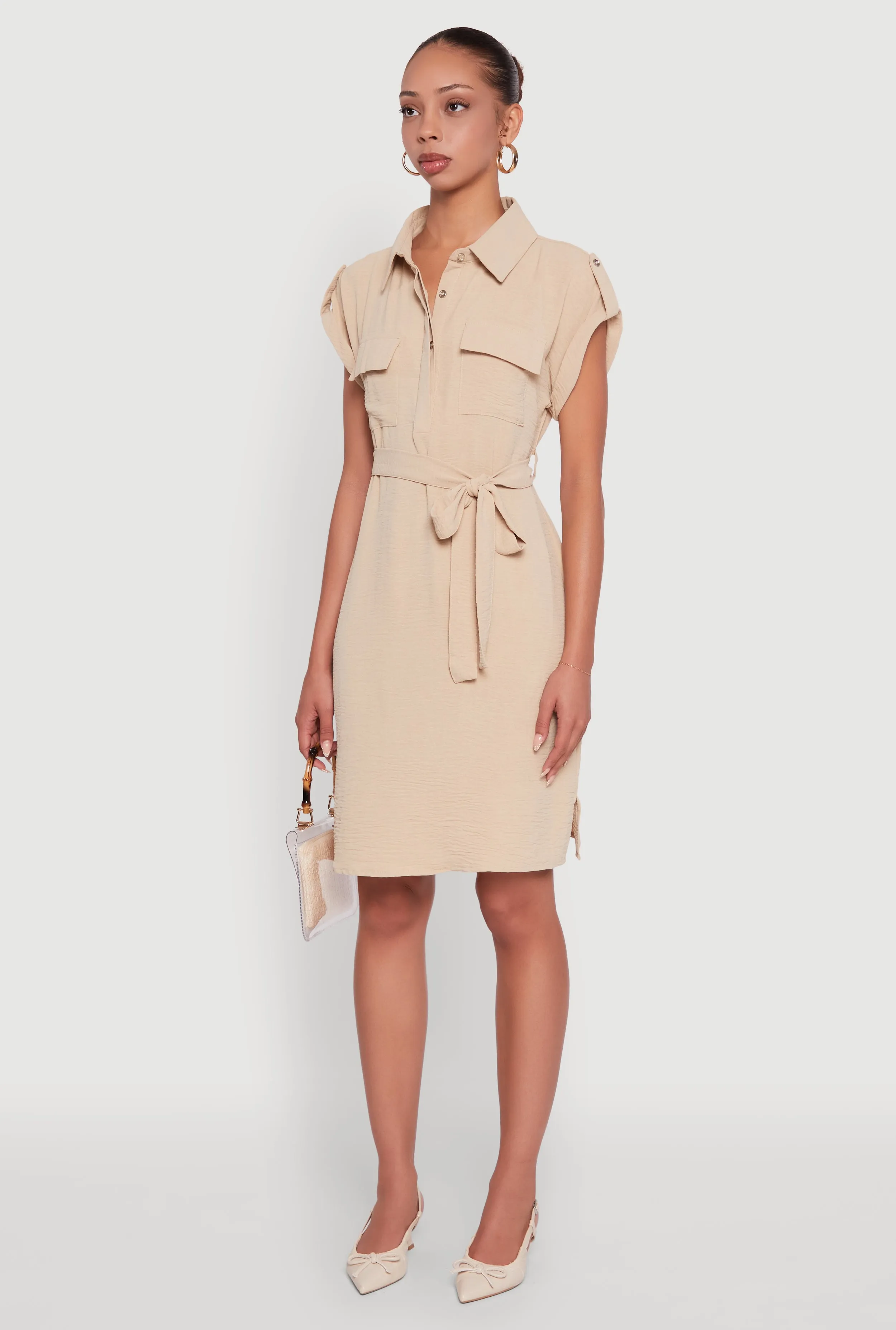Airy Tabbed Sleeve Shirt Dress with Tie Waist Belt Bead Shine Weather Chic