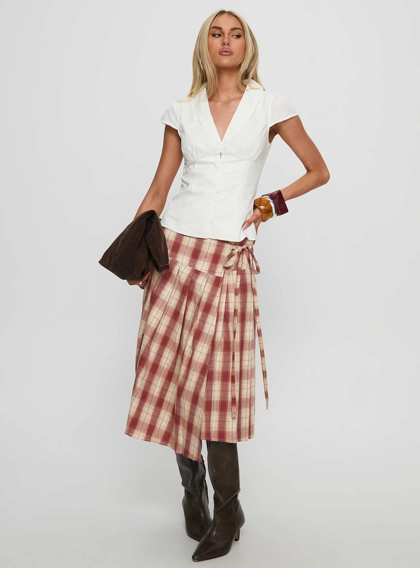 Norie Wrap Pleat Midi Skirt Red Plaid Soft Tones Convertible Style