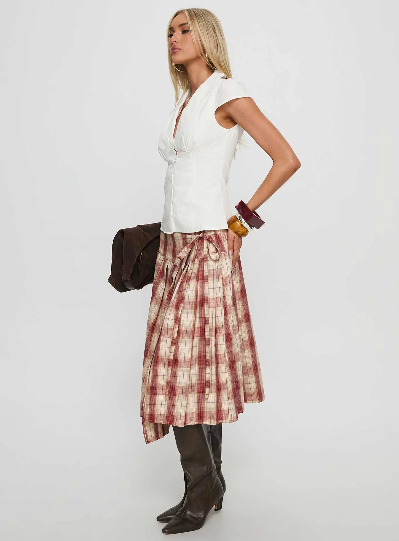 Winter Layering Trendy Outfit Norie Wrap Pleat Midi Skirt Red Plaid