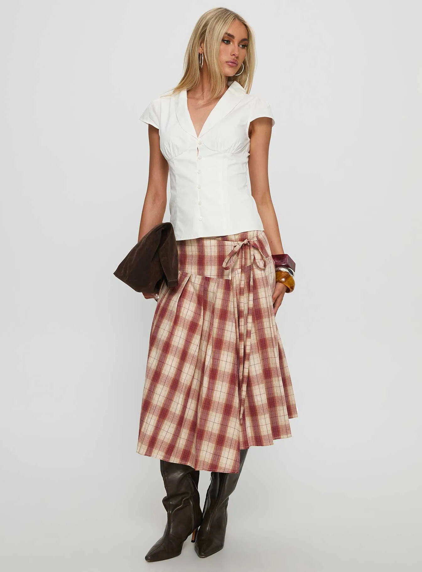 Low Maintenance Fabric Structured Shape Norie Wrap Pleat Midi Skirt Red Plaid