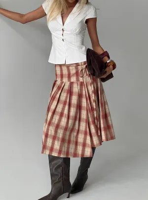 Norie Wrap Pleat Midi Skirt Red Plaid Simple Outfit