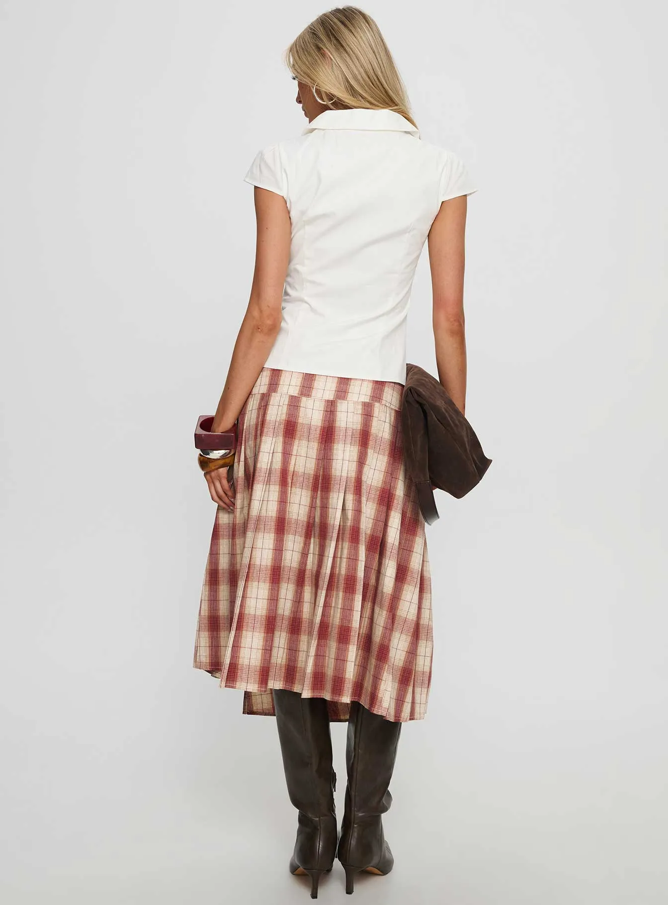 Elevated Casual Norie Wrap Pleat Midi Skirt Red Plaid