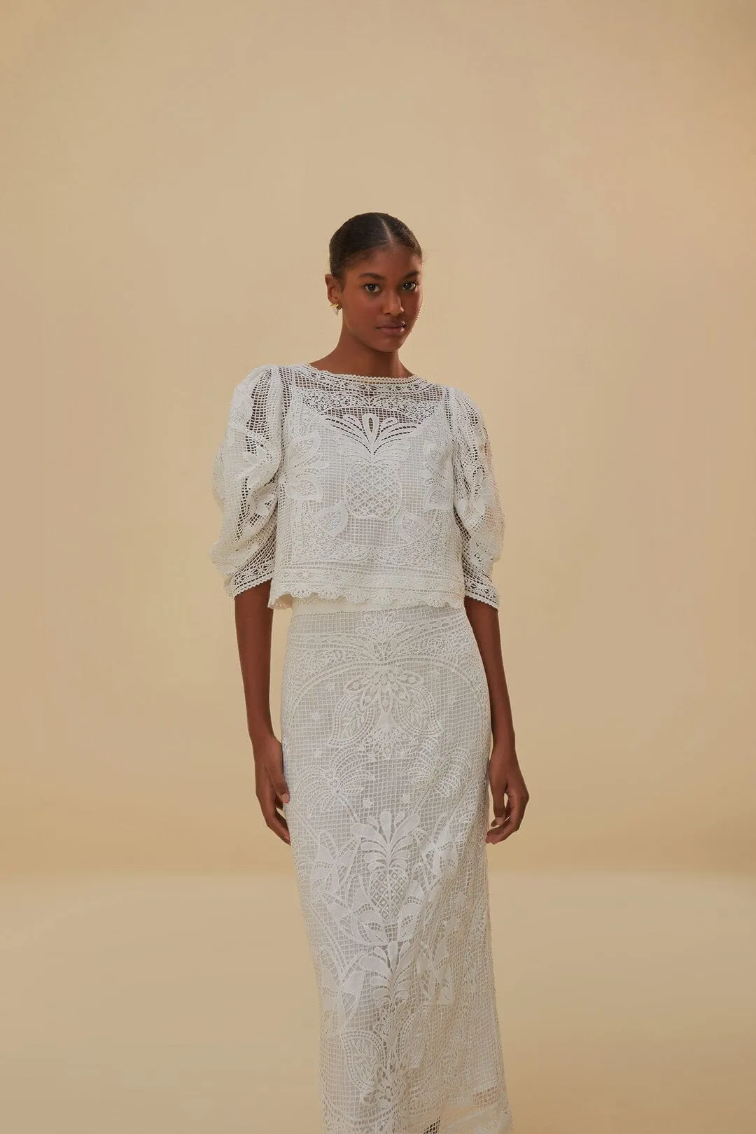 Sheer Overlay Key Feature White Guipure Midi Skirt