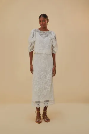 Young adult Reinforced Pockets White Guipure Midi Skirt