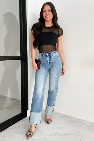 Versatile Winter Warmth Myla Wide Leg Cuffed Distressed Risen Jeans (Medium)