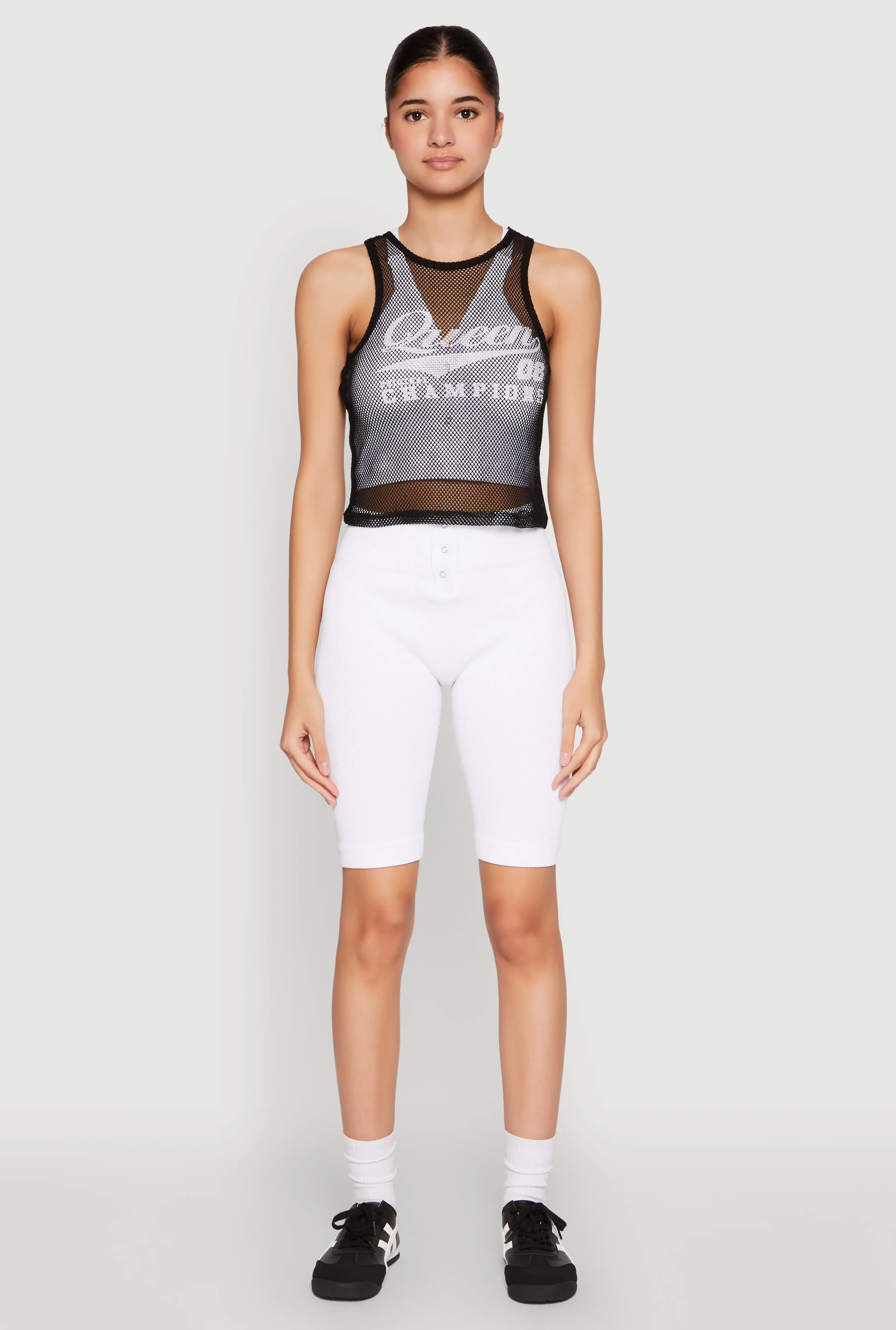 High - end Queen Champions Graphic Fishnet Crop Top