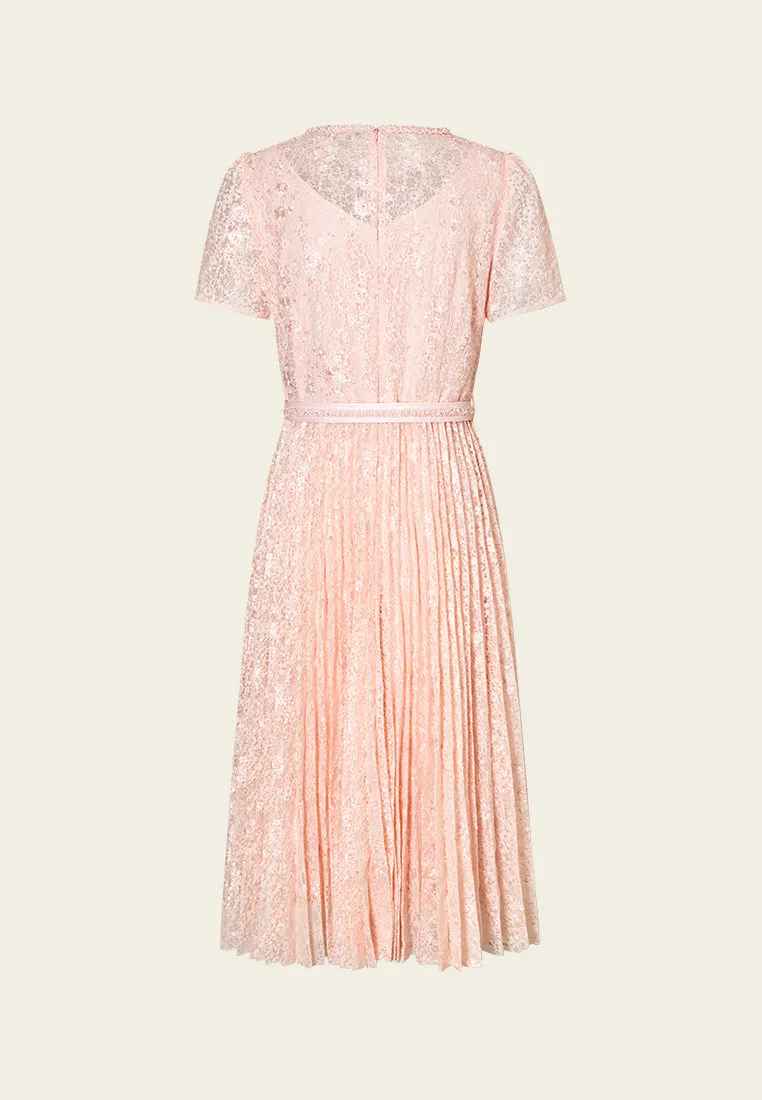 Embellished-trim Sequin-detail Lace Dress Machine Fit Flexible Joints