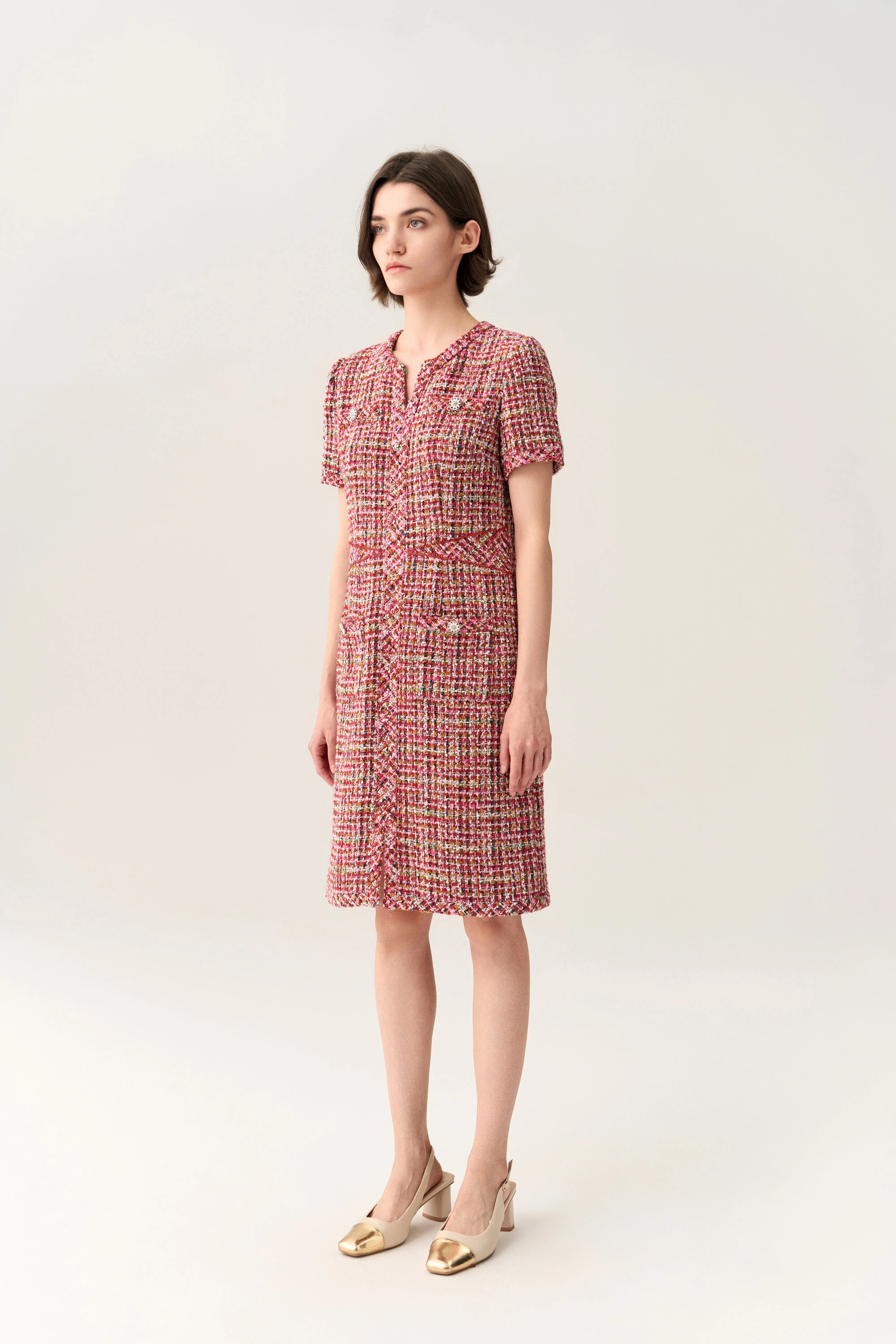 Patch-pocket Bead-detail Concealed-fastening Short-sleeve Dress Heroine Glow Cozy Wrap