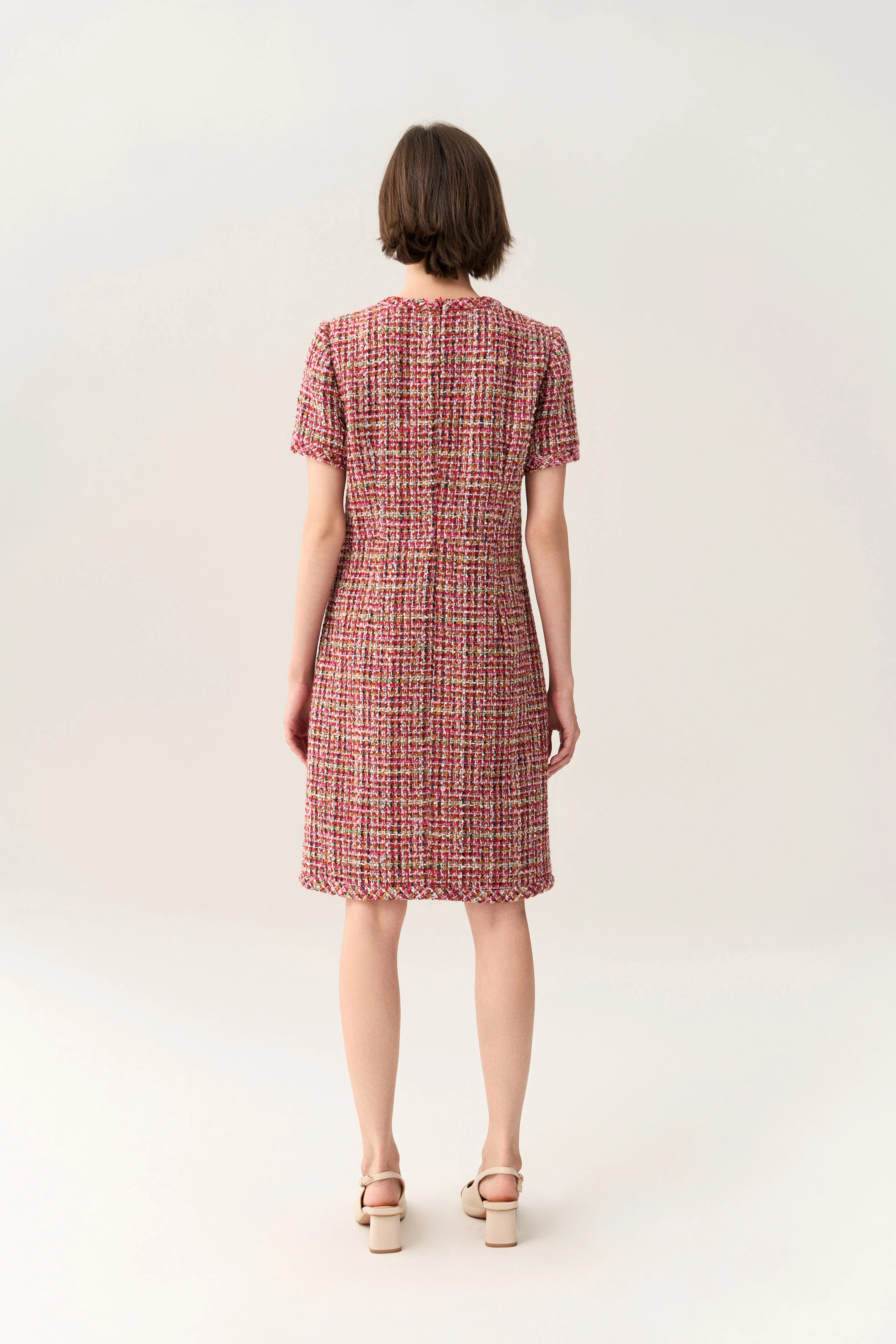 Seamless Design Vision Glow Patch-pocket Bead-detail Concealed-fastening Short-sleeve Dress
