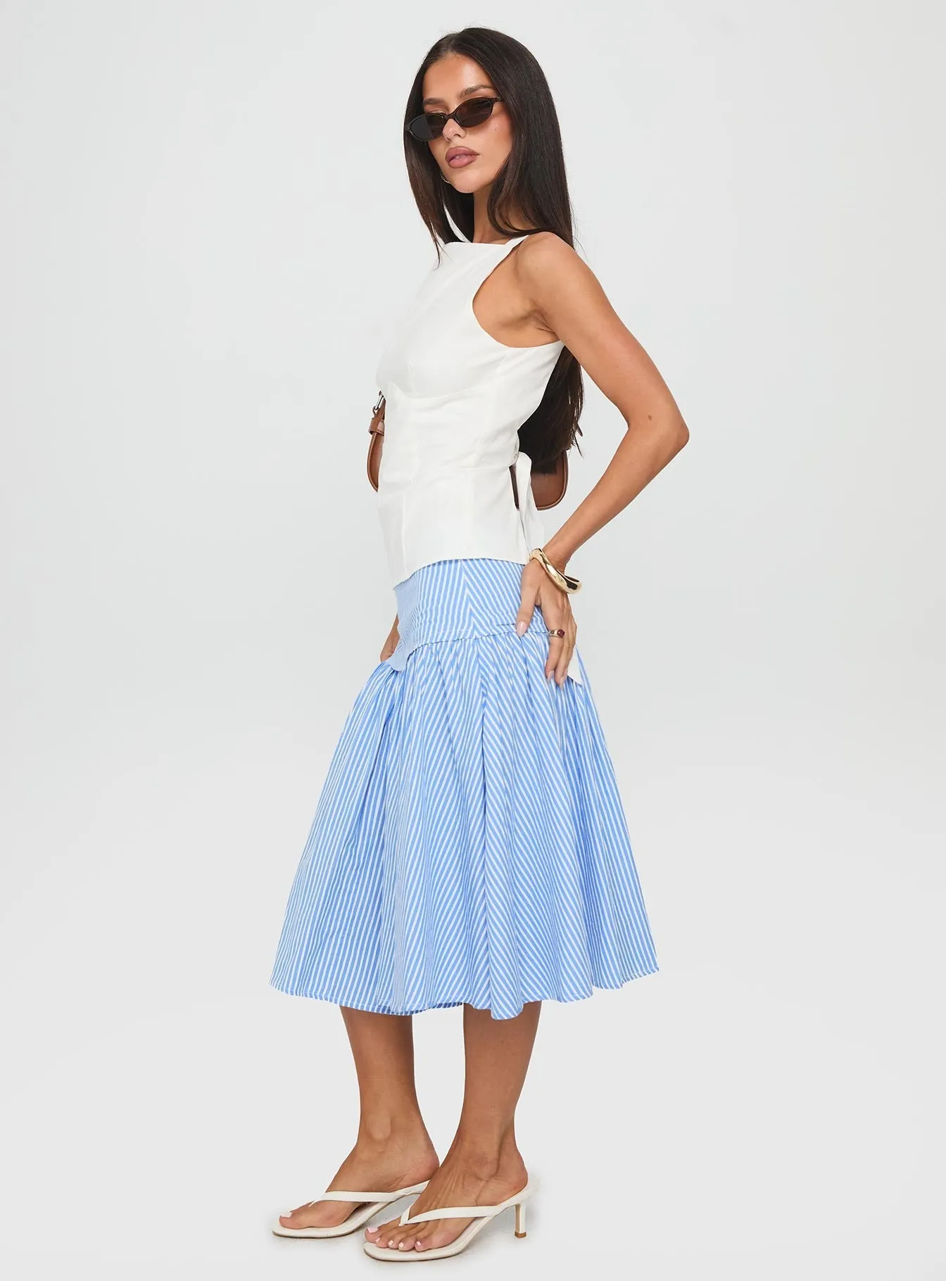 Laidback Feel Raelan Tiered Midi Skirt Blue Stripe