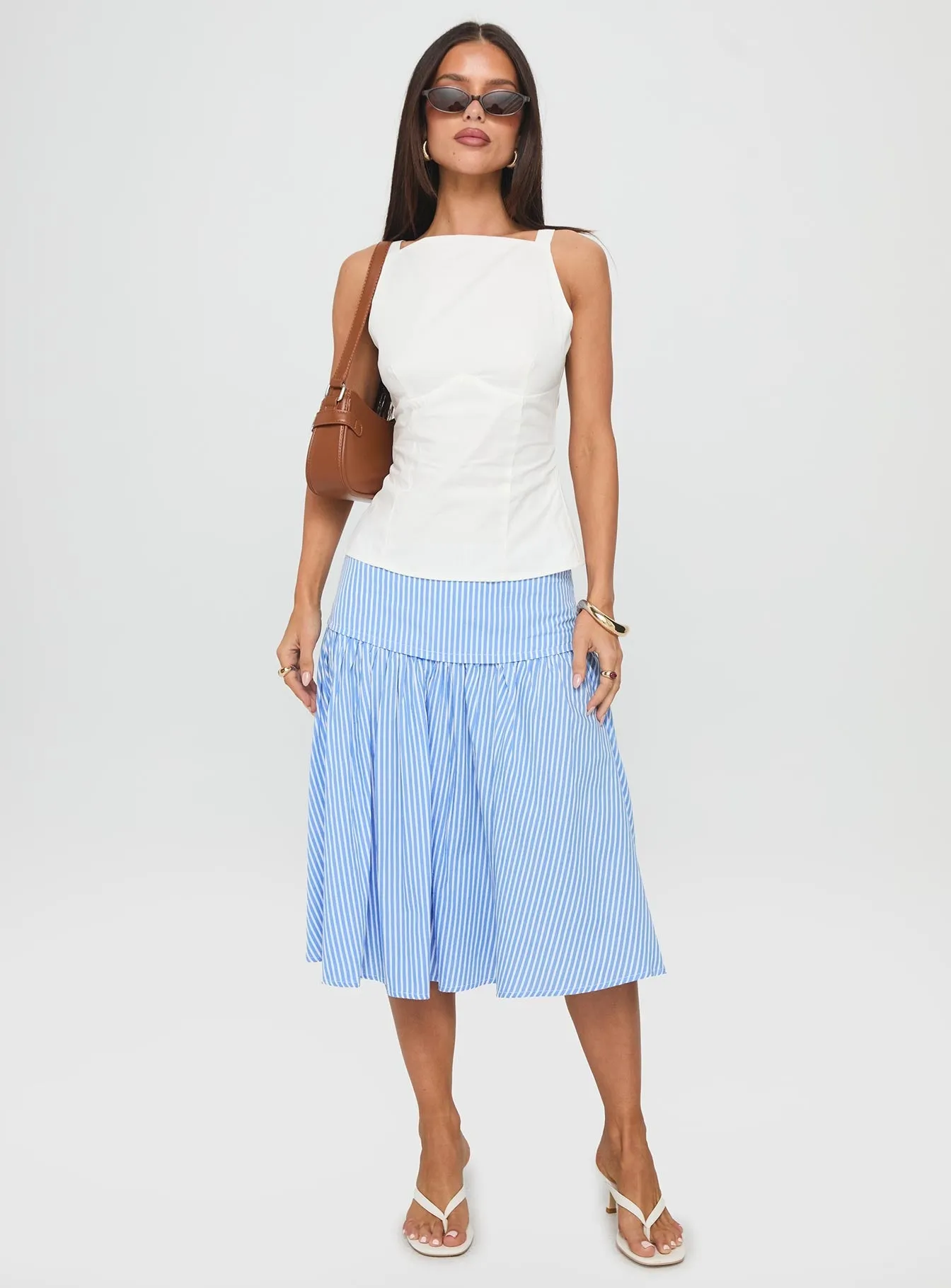 Raelan Tiered Midi Skirt Blue Stripe Smooth Motion Modern Design
