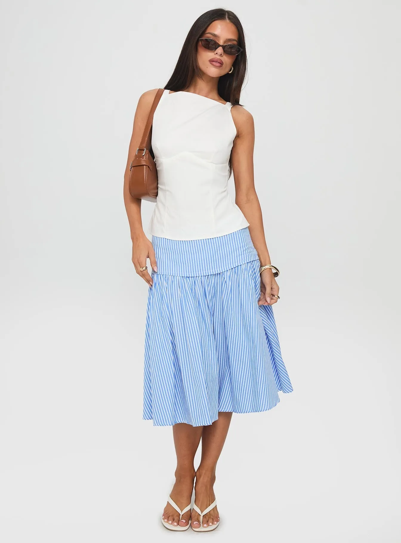 Raelan Tiered Midi Skirt Blue Stripe Roll Up Fasten Bold Print