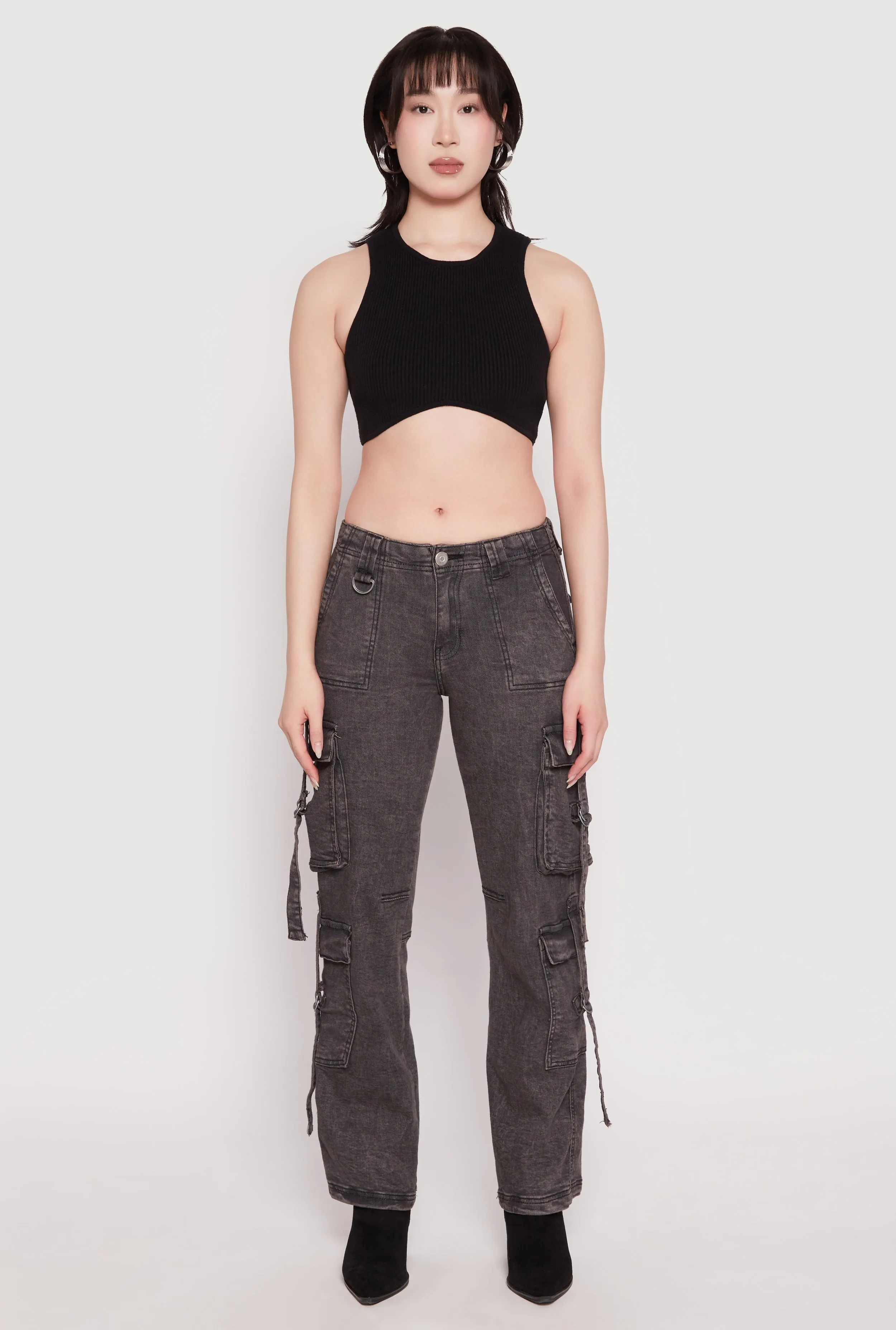 Acid Wash Low Rise Cargo Jeans Neutral Mood