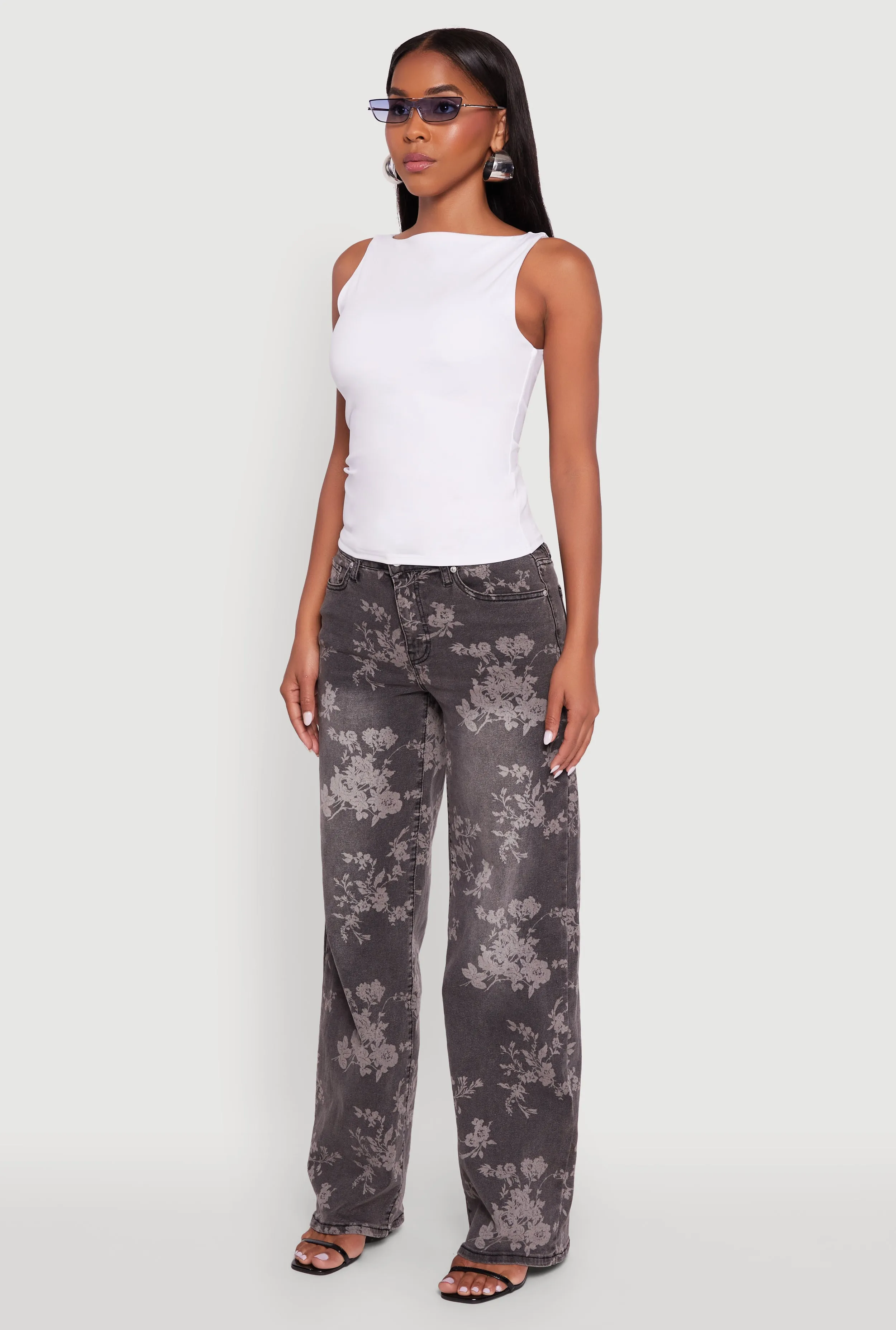 No Fuss Fit Floral Mid Rise Wide Leg Jeans