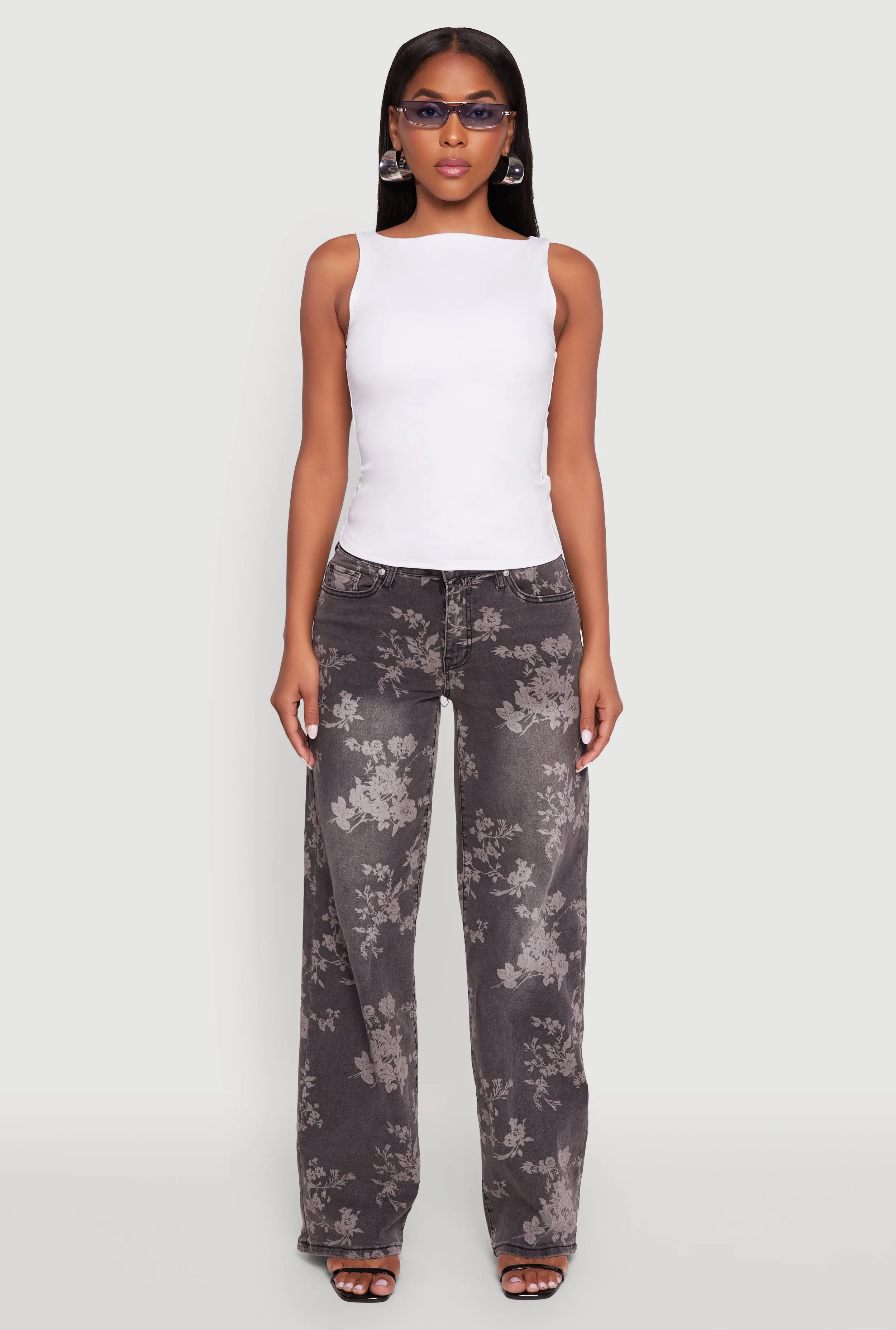Daily Essential Music Event Picnic Style Floral Mid Rise Wide Leg Jeans