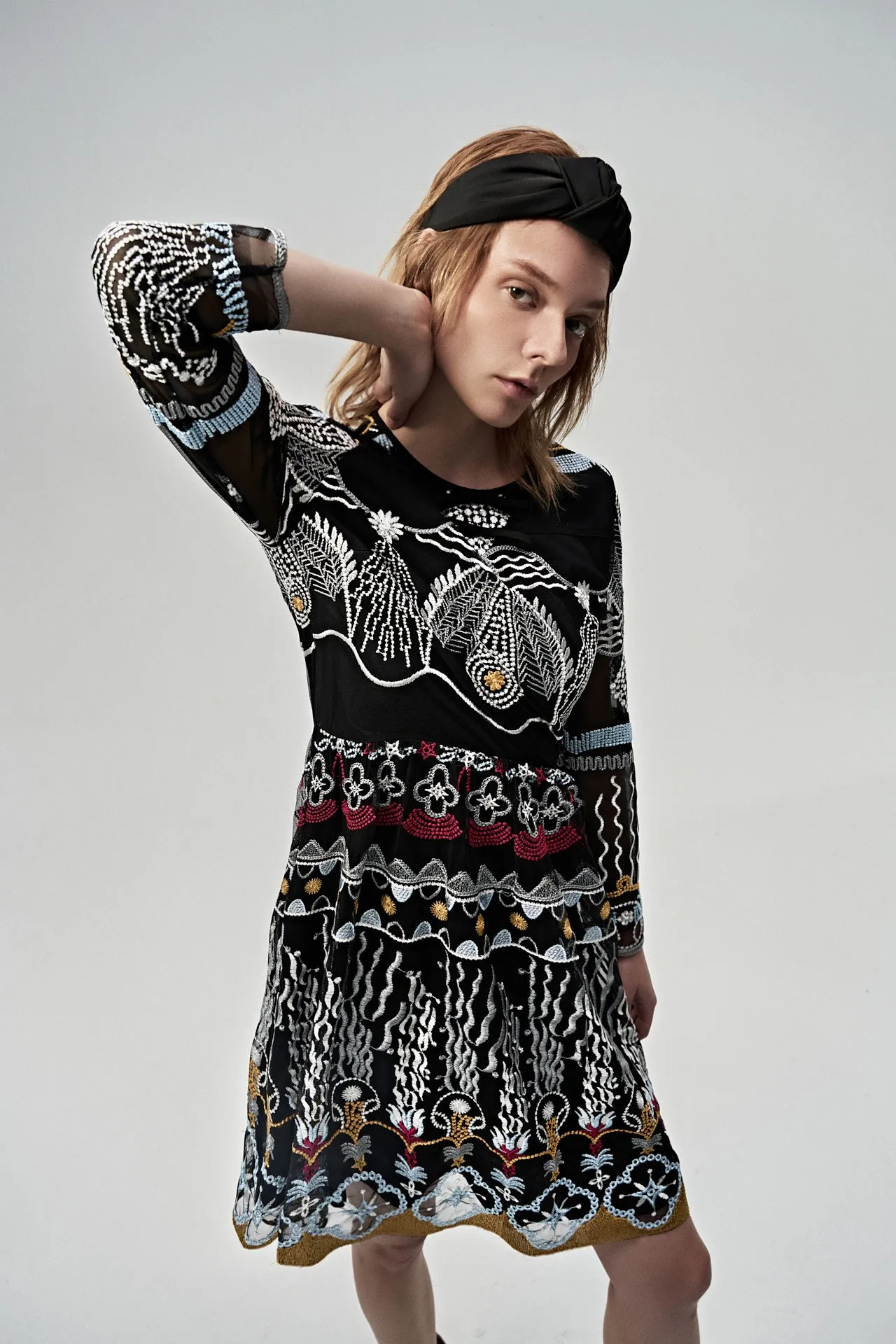 Vintage 80's Tribal Pattern Black Long Sleeve Knee-length Dress Bold Core WaterRepellentCoating