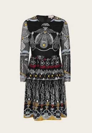 Vintage 80's Tribal Pattern Black Long Sleeve Knee-length Dress Light Ease Reflective details