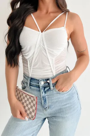 Wild & Weightless Ruched Mesh Bodysuit (White) Stretch Couple Essential Everyday