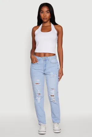 Durable Streetwear Fan Premium WAX Mid Rise Boyfriend Cut Distressed Jeans