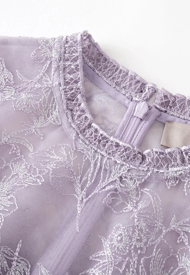 Lilac Ruffle-collar Embroidered Mesh Lace Dress Glam Night british retro