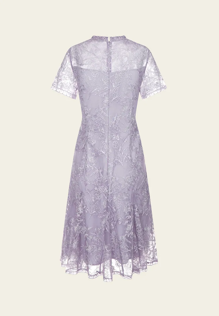 Power Vibe Lilac Ruffle-collar Embroidered Mesh Lace Dress