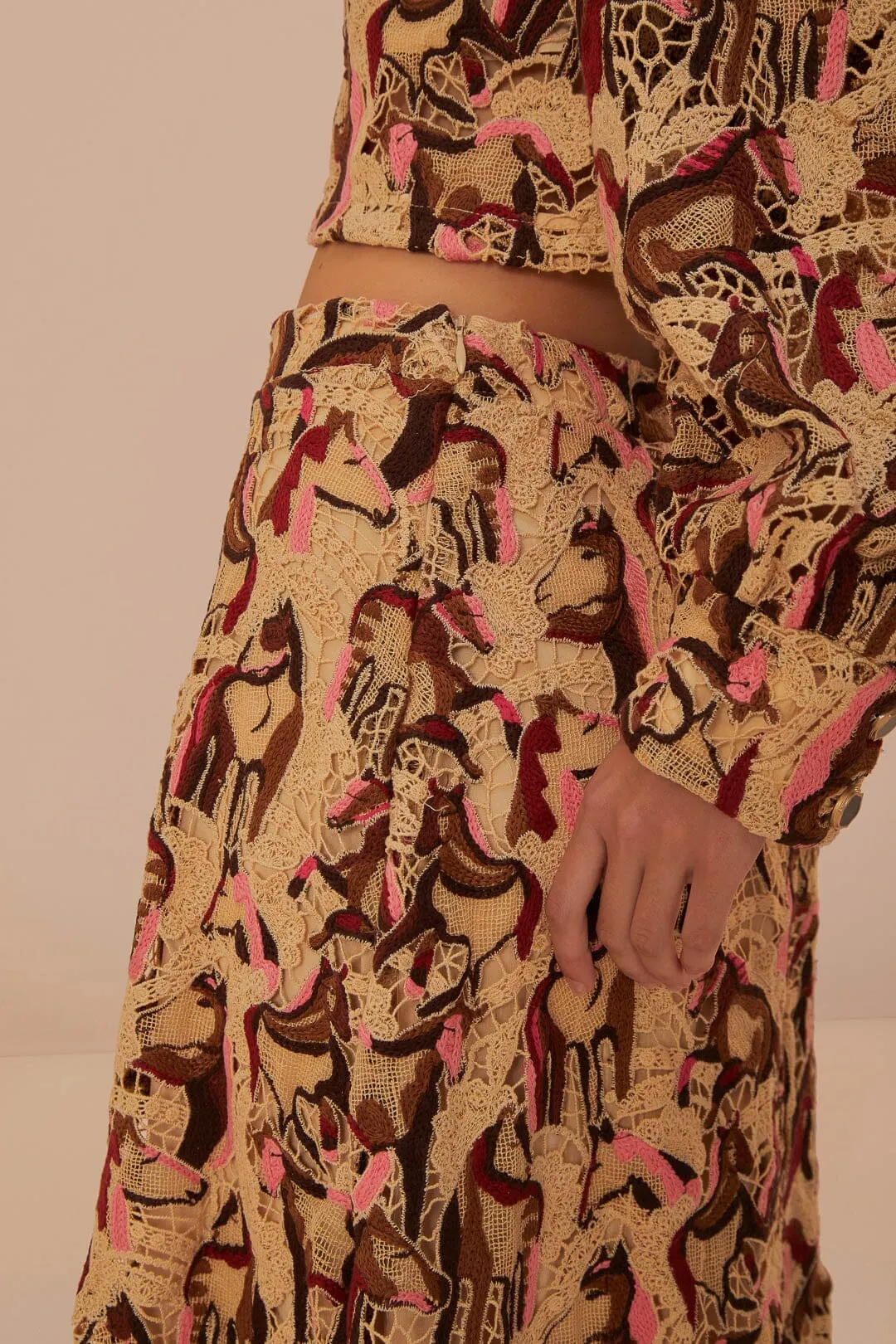 Cream Horses Guipure Midi Skirt Simple Layers Mix Texture