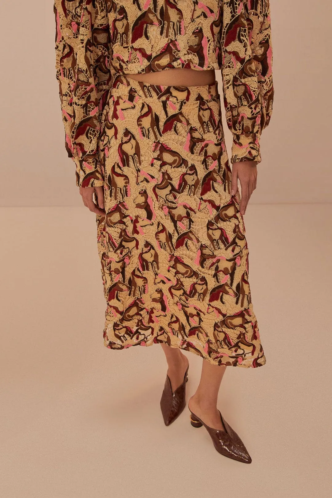 Cream Horses Guipure Midi Skirt Gentle Wear